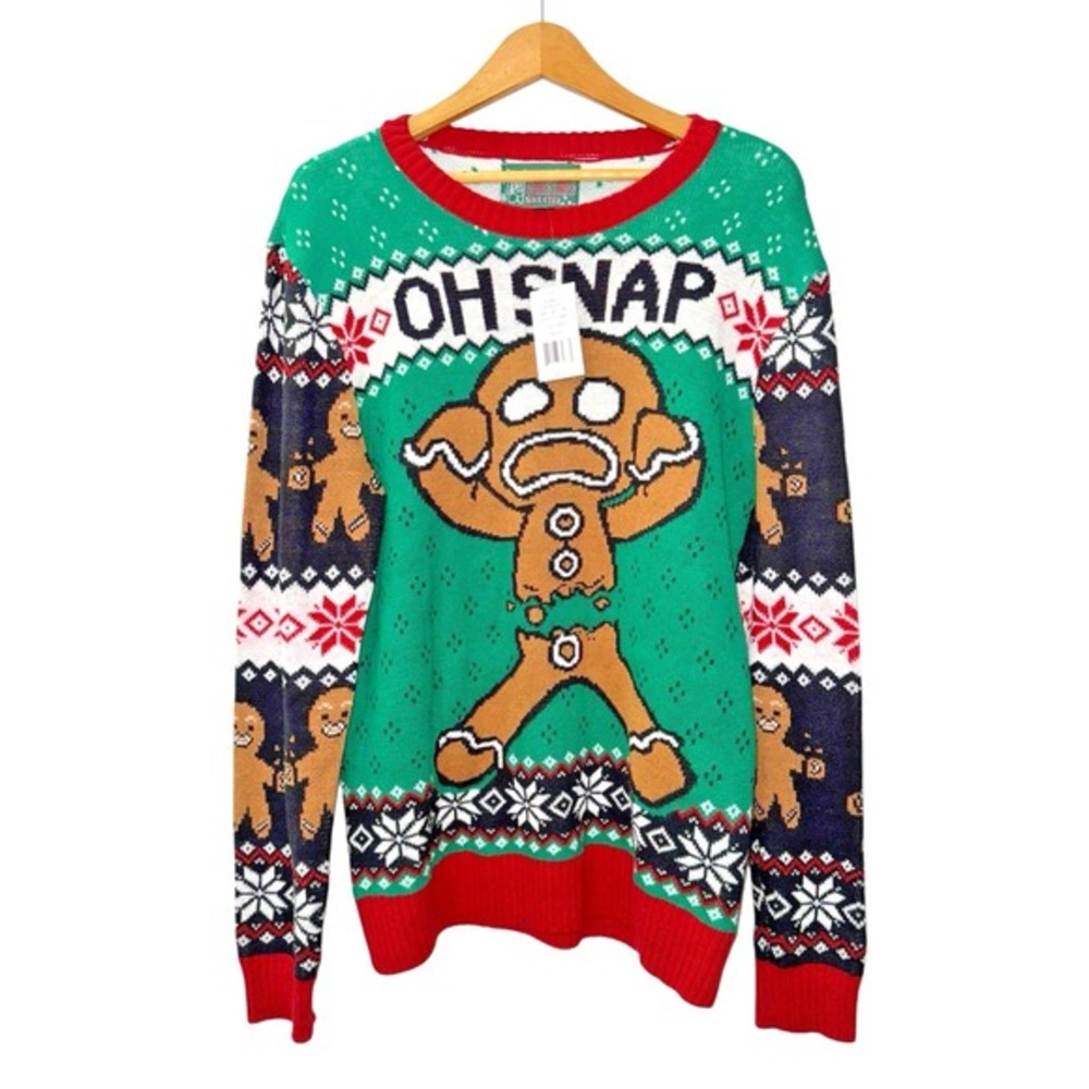 NEW Ugly‎ Christmas Sweater Gingerbread Man Mens Medium Sweater Green Oh Snap